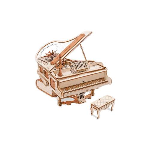 ROKR Magic Piano 3D Wooden Puzzle, assembled, with open lid, showing the inner workings and the piano keys