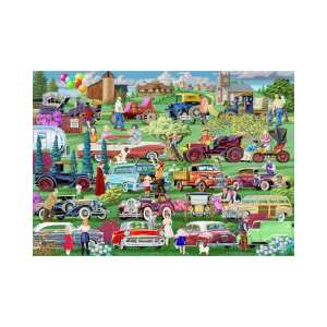 Holzpuzzle Veteranenautos 750 Teile, fertiges Puzzle zeigt eine Oldtimer-Show mit Menschen und Autos - Puzzle