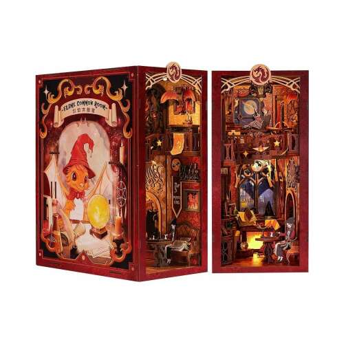 Cutebee Flame Common Room DIY Könyvespolc 3D Puzzle, 259 darab, összeszerelve, a belső rész látható
