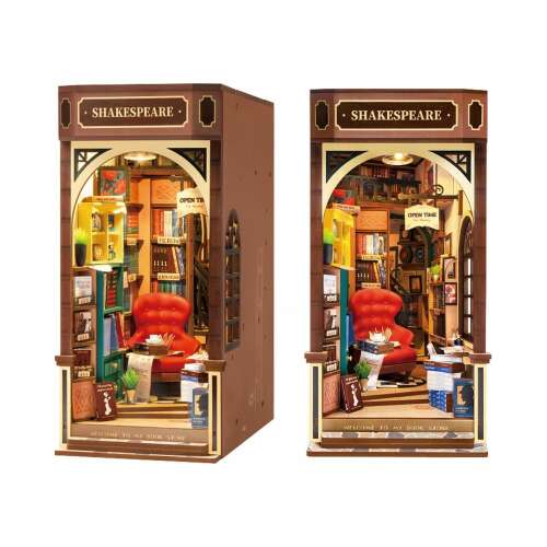 RoLife 3D DIY Book Nook model, Shakespeare Bookstore, assembled, front and side view