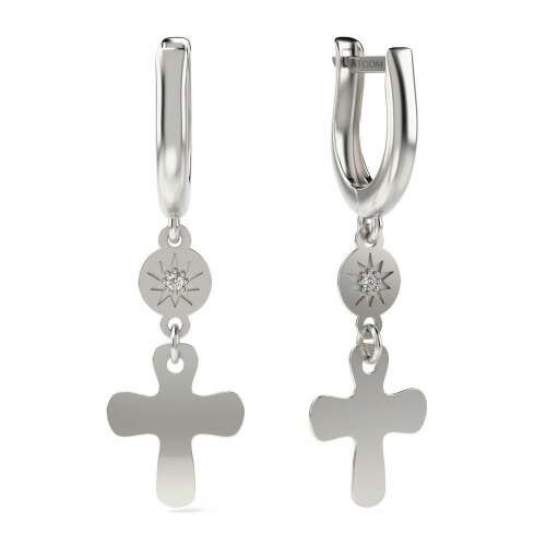 Silver cross earrings with a small diamond, ATCOM model 12