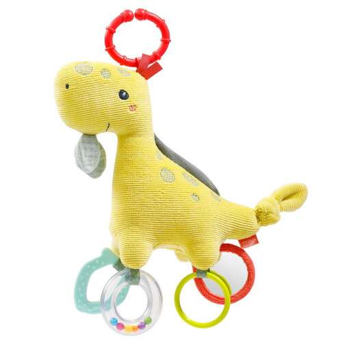 Fehn Dinosaur Activity Center, yellow plush dinosaur with rings, mirror, and teether