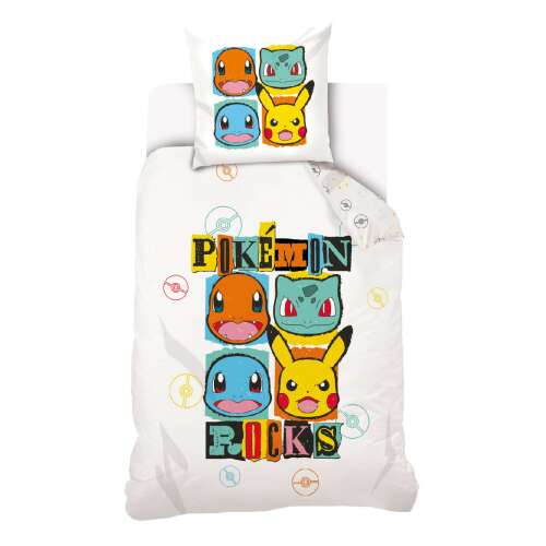Pokémon Rocks bedding set, featuring Pikachu, Charmander, Squirtle, and Bulbasaur, white background, 140x200cm duvet cover and 70x90cm pillowcase