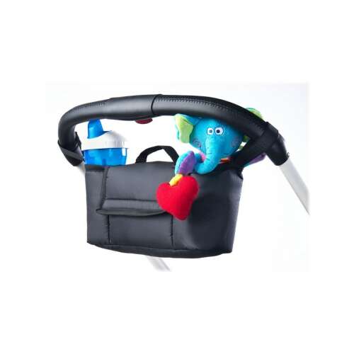 Organizer do Caretero mini do wózka, czarny, z kieszeniami na butelki, telefon i drobiazgi, pokazany z butelką i zabawkami