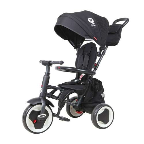 Qplay Rito Plus black tricycle with parent handle, canopy, and storage basket