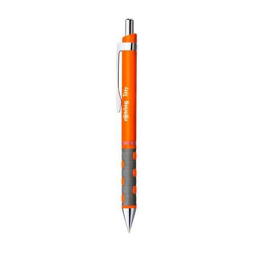 Orange Rotring Tikky ballpoint pen with a blue ink cartridge