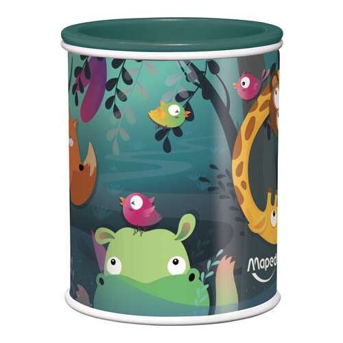 Maped Jungle Fever double hole pencil sharpener with large capacity metal shavings container, featuring a fun jungle animal design