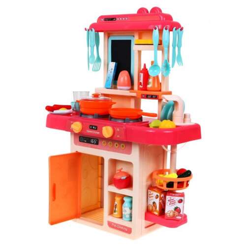 Pink play kitchen with stove, sink, fridge, and accessories