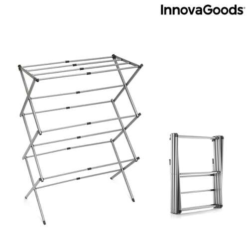 InnovaGoods Cloxy folding clothes drying rack, open and folded view