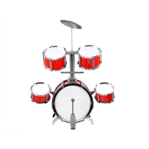 Jazz piros játék dobfelszerelés cintányérral, nagydobbal és tam-tamokkal. - Játék hangszer