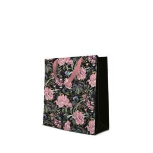 Virágos ajándéktáska, közepes méret, fekete rózsaszín virágokkal, 20x25x10cm - Művészet & Hobbi