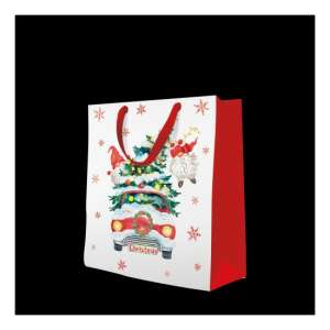 Karácsonyi ajándéktáska gnómokkal és autóval, 26,5x33,5x13cm - Művészet & Hobbi