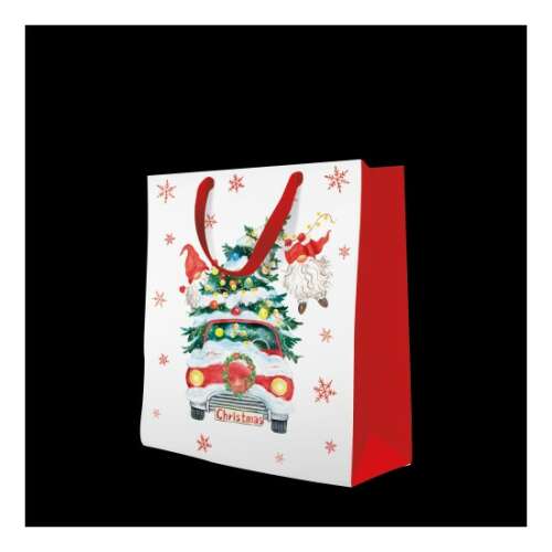 Karácsonyi ajándéktáska gnómokkal és autóval, 26,5x33,5x13cm