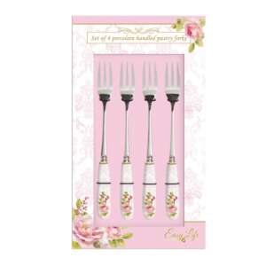 4 db-os Easy Life porcelánnyéllel ellátott süteményes villakészlet, virágos damasz mintával - Villa