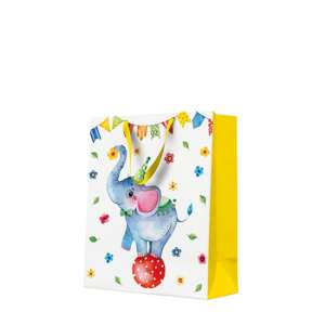 Cirkuszi elefántos ajándéktaska, nagy méret, 26,5x33,5x13cm, sárga fogantyú, fehér háttér, színes mintával - Művészet & Hobbi