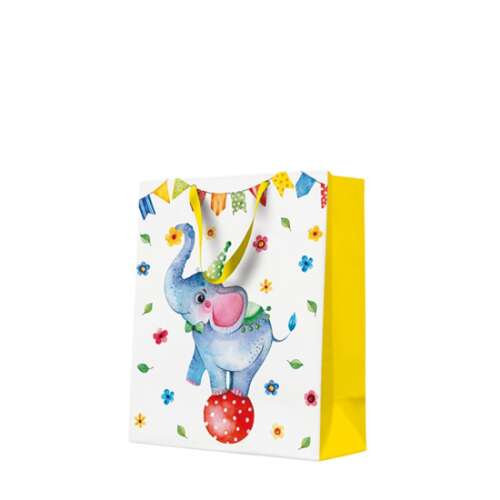 Cirkuszi elefántos ajándéktaska, nagy méret, 26,5x33,5x13cm, sárga fogantyú, fehér háttér, színes mintával