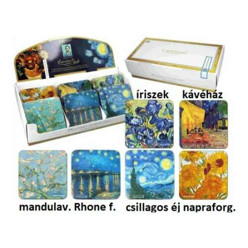 Van Gogh festőművész képeit ábrázoló 6 db poháralátét, a következő képekkel: Csillagos éj, Íriszek, Kávéház, Mandulavirág, Napraforgók, Csillagos éj a Rhône felett