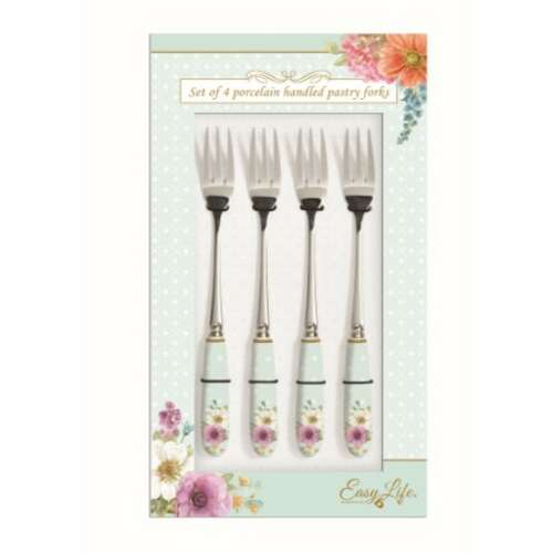 Easy Life 4 darabos porcelán nyeles süteményes villa szett virágmintával