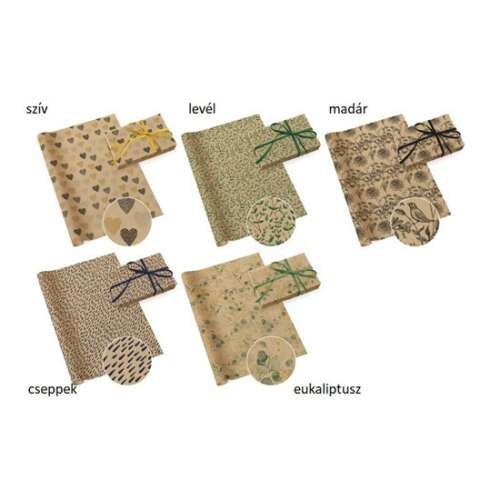 Mintás kraft csomagolópapír tekercs, szívek, levelek, madarak és cseppmintával a csomagoláshoz