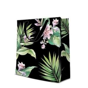 Exotic Flowers papír ajándéktáska, közepes méret, fekete trópusi levelekkel és virágokkal - Művészet & Hobbi