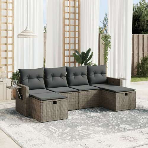 vidaXL 6 részes szürke polyrattan kerti ülőgarnitúra párnákkal, kültéri bútor, terasz bútor, udvari bútor, kényelmes ülés, időjárásálló - Kerti ülőgarnitúra