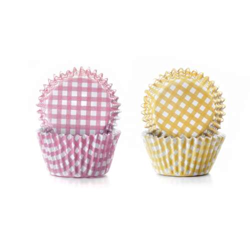 Sada 100 ružových a žltých papierových foriem na muffiny s kockovaným vzorom, 4,5x2,5 cm, Ibili
