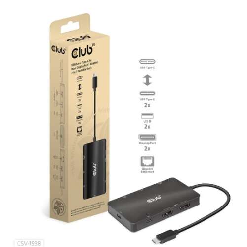 DOC Club3D USB Gen2 Type-C to Dual DisplayPort 4k60Hz 7-in-1 Portable Dock