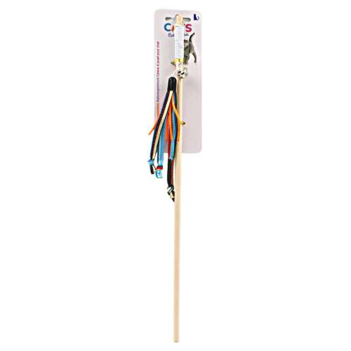 Cat toy, interactive wand with colorful ribbons and bell, wooden stick, for cat entertainment