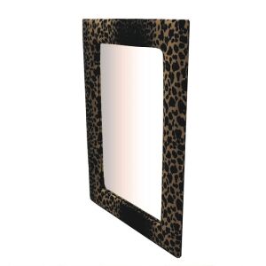 Angled view of Leopárdminta Bársony Tükör - Decorative wall mirror with leopard print velvet frame. - Mirror