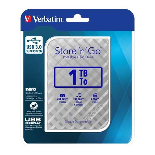 2,5" HDD (merevlemez), 1TB, USB 3.0, VERBATIM "Store n Go", ezüst