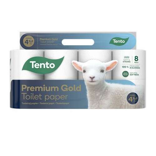 TENTO Prémium Gold Toalettpapír, 8 tekercs, 4 rétegű, puha és erős, 100% természetes puhaság