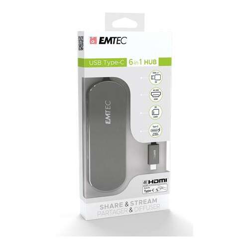 EMTEC USB Type-C 6 az 1-ben HUB, szürke, HDMI, SD kártya, USB 3.1 és USB-C portokkal - Emtec