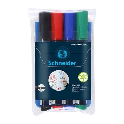 Schneider Maxx 290 tábla- és flipchart marker készlet, 4 db, 2-3 mm, kúpos, fekete, piros, kék, zöld