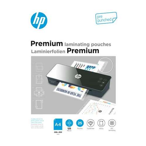 HP Premium lamináló tasakok, 25 db-os csomag, A4 méret, 125 mikron, fényes kivitel