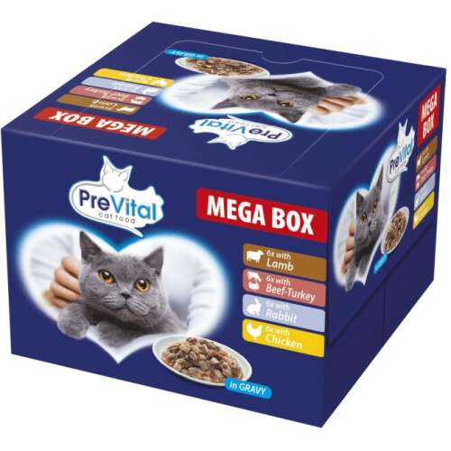 PreVital Macskaeledel Mega Box - 24 x 100g - Bárány, Marha, Nyúl, Csirke