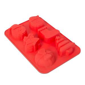 Red silicone Christmas baking mold with 6 cavities: Santa Claus, Christmas tree, stocking, bell, gift, and ornament - Mercaton