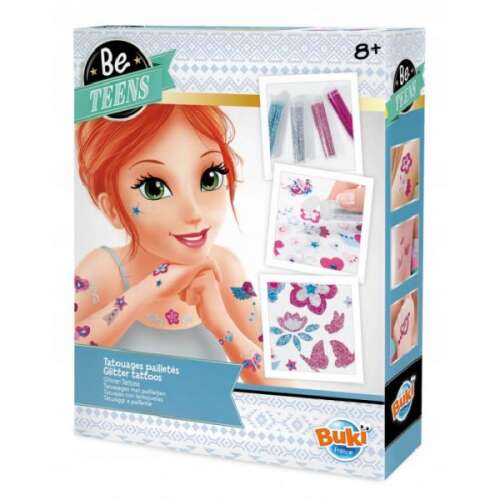 Be Teens Csillogó tetoválások a Buki-tól, készlet saját csillogó tetoválások készítéséhez sablonokkal, csillámporral és útmutatóval