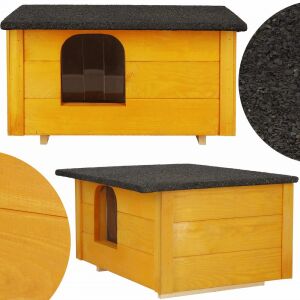 Kollázs a szigetelt Fa Kutyaház Szigetelt S kutyaházról, a tető és a fa részleteit mutatva. - Kutyaház