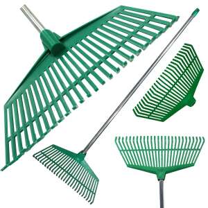 Zöld műanyag levél gereblye alumínium nyéllel, 3/4 nézet, kollázs - Kerti szerszám & Gép
