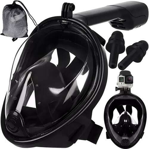 Full face snorkeling mask with snorkel, camera mount, earplugs, and carrying bag