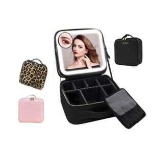 Kozmetikai szervező tükörrel rózsaszín LED tükörrel és smink példákkal - Kozmetikai rendszerező