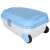 Blue kids suitcase with wheels, cabin size, with travel themed design, side view