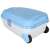 Blue kids suitcase with wheels, cabin size, with travel themed design, side view