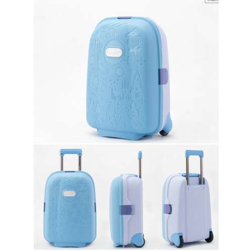 Blauer Kinderkoffer mit Rollen, Kabinengröße, mit Reise-Design
