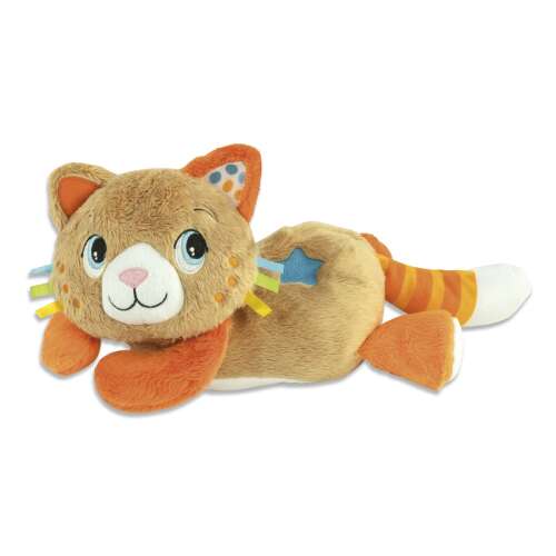 Clementoni Baby Kitty Cat Calming Plush Toy, barna és narancssárga plüss macska színes részletekkel, fekve