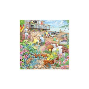 Ravensburger Tengerparti Kávézó 1000 darabos puzzle, amely egy élénk tengerparti jelenetet ábrázol kávézóval, virágokkal és a tengerpartot élvező emberekkel. - Ravensburger Puzzle