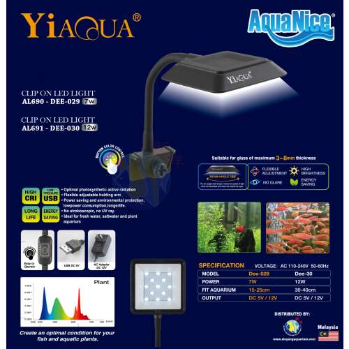 Yiaqua 7W Dee-030 Clip On LEDES akvárium világítás