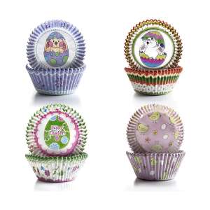 100 pack of Ibili Easter cupcake liners, featuring colorful designs with bunnies, chicks, and eggs - Household paper products
