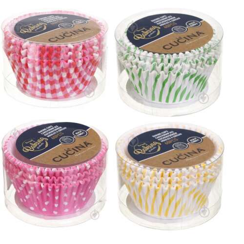 Set of 4 La Cucina Baking Cups, 60 pieces each, assorted colors, pink with white hearts, yellow with white stripes, red and white checkered, green and white striped