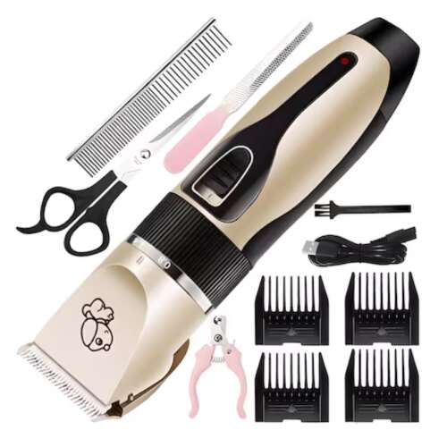AOVO 12 részes állatnyíró szett, tartalmazza a nyírót, körömvágót, ollót, fésűt és reszelőt, kutyák és macskák számára, vezeték nélküli, fekete és arany